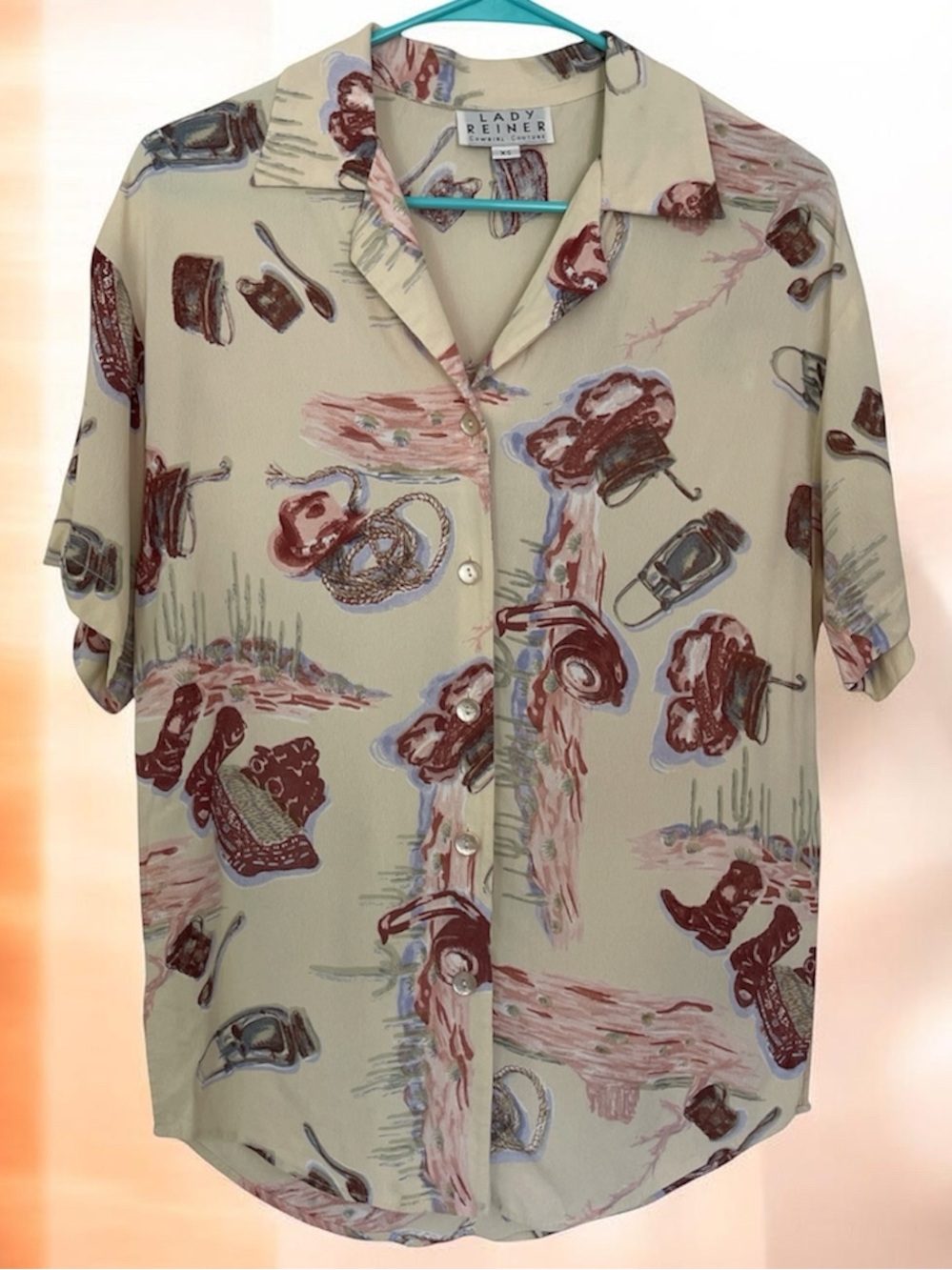 Lady Reiner Cowgirl Couture Vintage Short Sleeve Button Up Cowgirl Print Shirt